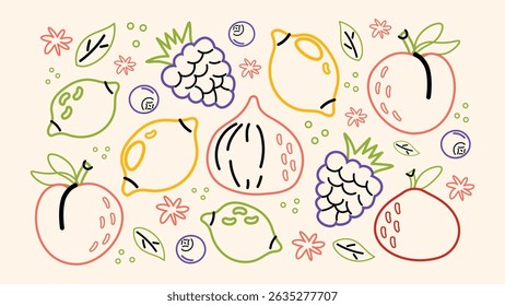 Hand drawn summer fruits including lemons, peaches, grapes, and more, with delicate leaves and blossoms. Minimalist line art in a modern botanical style. Perfect for patterns, posters, cards, and seas