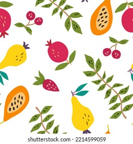 Hand drawn summer fruits seamless pattern. Cherry, pomegranate, papaya, pear, strawberry and palm leaves. Vector fruit design for fabric, textile print, wrapping paper, children textile.