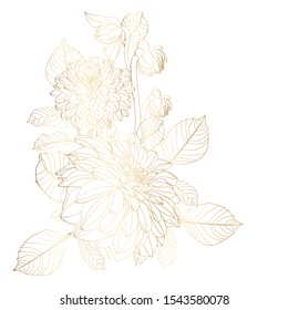 Hand drawn summer golden bouquet: rustic Dahlia, line art. Floral composition for, greeting cards, scrapbooking, print, gift wrap, manufacturing. 