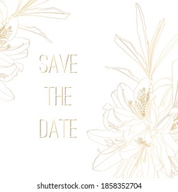 Hand drawn summer golden bouquet with Rhododendron. Hand painted flowers card template on white background.