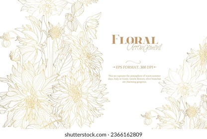 Hand drawn summer golden bouquet card template: rustic Dahlia, line art. Hand painted flowers isolated on white background for design.