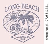 Hand Drawn summer graphic tee art. Long Beach California 1980 typography. vintage t-shirt design. tropical beach island, big waves draw