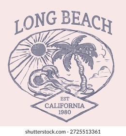 Dibujado a mano arte gráfico de verano de la camiseta. Long Beach California 1980 tipografía. diseño de camiseta vintage. isla de playa tropical, grandes olas dibujar
