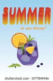 Hand drawn summer greeting card, invitation with lemonade drinks. Lemon and blueberries with mints. Vector illustration, web banner.