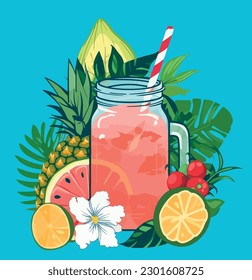 Tarjeta de saludo de verano dibujada a mano, invitación con bebida de limonada en frasco de albañil. Watermelón y piña con hojas de palma tropicales y flor de hibisco. Ilustración vectorial, banner web
