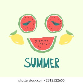 Hand drawn summer greeting card, invitation with face made from watermelon and lemon. Vector illustration, web banner.