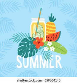 Hand drawn summer greeting card, invitation with lemonade drink in mason jar. Watermelon and pineapple fruit with tropical palm leaves and hibiscus flower. Vector illustration, web banner.