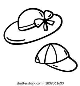 Hand drawn Summer hat and cap in doodle style. Cute female hat with a ribbon and a bow. Baseball cap. Cartoon style. Black contours isolated on a white background. Vector stock illustration.