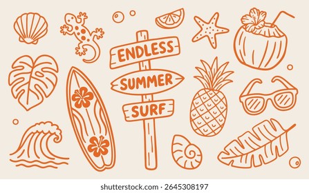 Hand drawn summer hawaii clipart set. Tropical doodles in naive style