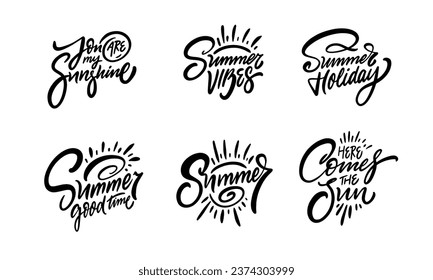 Hand drawn summer holiday phrases set. Black color lettering quote for t-shirt design and poster. Vector clipart isolated on white background.