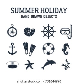 Hand drawn summer holiday related nautical vector illustrations set.