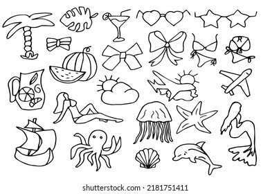 Icono de verano dibujado a mano en estilo doodle. Ilustraciones vectoriales aisladas en fondo blanco. Vacaciones, mar, playa.