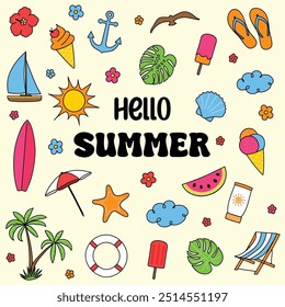 Hand drawn summer icon set. Hello Summer. Vector illustration