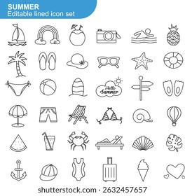 Hand Drawn Summer Icon Set. Beach, Travel, Vacation, Tropical Elements, Sun, Sea, Holiday, Flat Vector Design