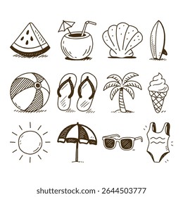 Hand Drawn Summer Icon Set, Doodle Beach Elements Clipart, Tropical Holiday Line Art Collection, Cute Summer Vacation Sketch Vector
