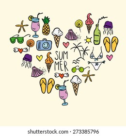 hand drawn summer icons arranged in heart shape, beautiful vector illustration for travel, vacation,holidays