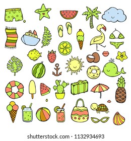 Hand drawn summer icons set. Doodle icon style. Tropical, oriental summer vacantion.