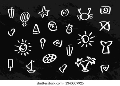 Hand drawn Summer Icons Set Outline Holiday. Pineapple, watermelon, balloon, star, sea, crab, camera, sun, leaves, ship, ice cream, circle, mermaid, cocktail, heart