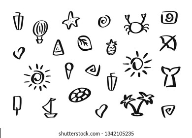 Hand drawn Summer Icons Set Outline Holiday. Pineapple, watermelon, balloon, star, sea, crab, camera, sun, leaves, ship, ice cream, circle, mermaid, cocktail, heart