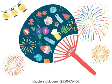 Hand drawn summer illustration fan and fireworks