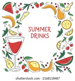 Hand drawn summer illustration. Frame with a cocktail and various elements that make up the cocktail. Trendy invitation design for bar menu of alcoholic drinks, cocktail card and fresh juices.