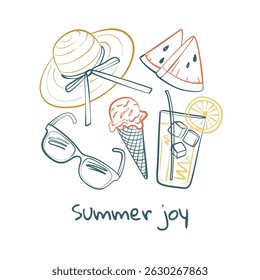 Hand drawn summer illustration with hat, sunglasses, ice cream, watermelon, lemonade, and Summer joy text. Fun seasonal doodle for vacation, travel, and tropical concepts.
