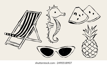 Hand drawn summer illustration. Icons in vector for invitations, stationery, design. Summer clipart. Illustration of seahorse, beach chair, watermelon, lens, pineapple