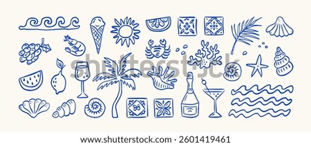 Hand drawn summer illustration set. Italian dolce vita. Minimalist line art. Palm tree, lemon, cocktails sun and sea, seashells in doodle sketch style. Drawing ink. Concept vacation ocean and travel.