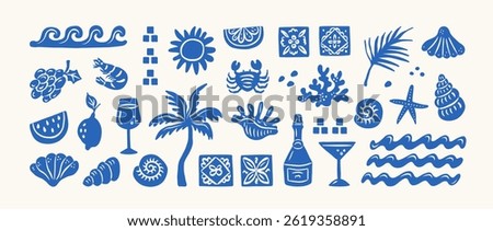 Hand drawn summer illustration set. Italian vacation,ocean and travel. Minimalist line art. Abstract palm tree, lemon, cocktails sun and sea, seashells in doodle sketch style. Vector blue silhouettes.