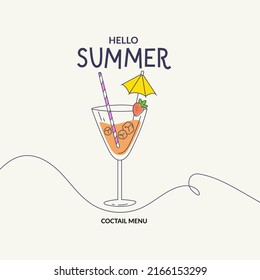 Handgezeichnete Sommerillustrationen für Sommerparty, Bar-Menü mit alkoholischen Getränken, Cocktailkarte. Einzigartiges Cocktailglas mit Getränken. Trenddesign