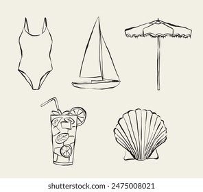 Hand drawn summer illustrations. Icons for invitations, stationery, design. Beach Vacation Clipart