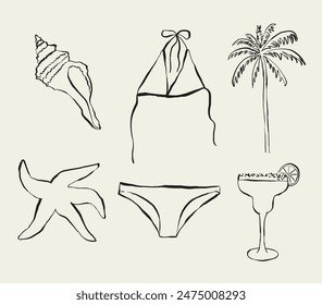 Hand drawn summer illustrations. Icons for invitations, stationery, design. Beach Vacation Clipart