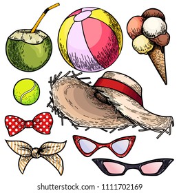 Hand drawn summer isolated objects. Straw hat, coconut coctail, balls, ice cream, sunglasses, bandana. Hand drawn colored illustration. Sea vacation symbols. Summertime poster, print flyer banner
