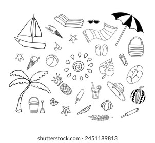 Hand drawn summer items in doodle style on isolated background. Vector illustration	
