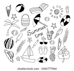 Hand drawn summer items doodles set on isolated background. Vector illustration