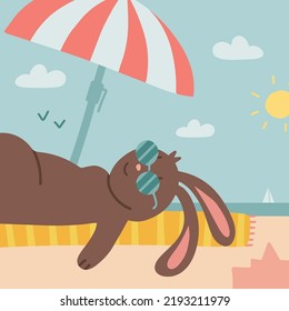 Hand drawn summer landscape with a cute bunny in sunglasses on the beach, lying on striped towels under parasol. Isolated objects. Design concept kids. Vector flat illustration.