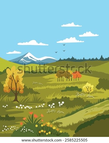 Hand drawn summer landscape with mountains, birds, plants. Vector illustation, cartoon nature.