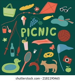 Hand drawn summer leisure set on green background. Vector illustration.