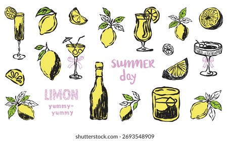Dibujado a mano jugo de limón de verano, limón, vector conjunto.