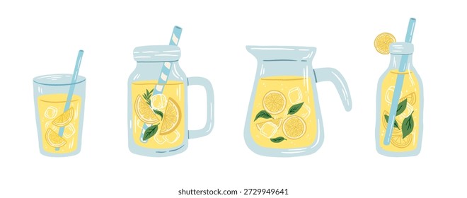 Bebida de limonada de verão desenhada à mão em vidro, jarra, jarro e garrafa com gelo e hortelã. Desenho animado italiano citrus bebida vetor ilustração