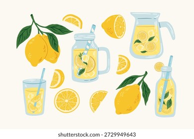 Limonada de verão desenhada à mão em copos definidos com limões, folhas, cubos de gelo ilustração vetorial. Bebida italiana
