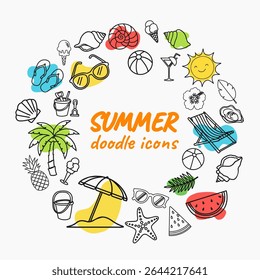 Hand Drawn Summer Line Icon Bundle – Simple and Clean Clip Art Set of Beach, Travel, and Tropical Elements for Creative Holiday Designs