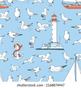 Hand drawn summer marine seamless pattern. Seaside  print in cartoon style. Sketch gull, seabird, flying seagull , lighthouse, anchor, yacht. Doodle vector illustration. Sea, ocean, beach, sail