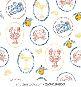 Motif harmonieux de vacances méditerranéennes d'été dessiné à la main. Italie la dolce vita côte nourriture impression côtière, papier d'emballage, tissu rétro, conception textile. Illustration vectorielle de dessin de crayon de griffonnage