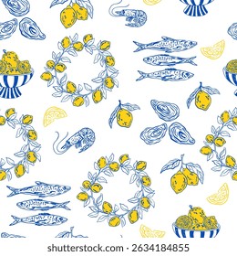 Motif harmonieux de vacances méditerranéennes d'été dessiné à la main. Italie la dolce vita côte nourriture impression côtière, papier d'emballage, tissu rétro, conception textile. Croquis griffonné illustration vectorielle de dessin au crayon.