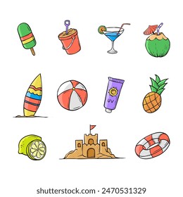 Hand drawn summer object vector illustration. Coconut, pineapple, sand castle, and summer icon set.