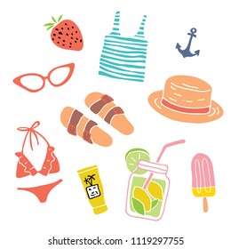 Hand drawn summer objects isolated: strawberry, anchor, sunglasses, sandals, bikini, smoothie, ice cream, sun cream, hat. Summer vacation vector background. Fashion illustration objects