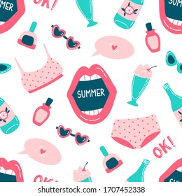 Hand drawn summer objects seamless pattern on white. Lemonade, milkshake, sunglasses, open mouth, lettering, swimwear, sunscreen. Flat cartoon vector illustration.