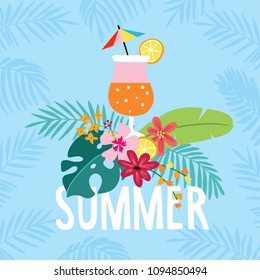 Hand drawn summer party greeting card, invitation with cocktail drink. Lemon, orange fruit with tropical palm and monstera leaves and hibiscus flowers. Vector illustration, web banner.