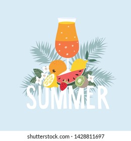 Hand drawn summer party greeting card, invitation with cocktail drink. Watermelon, orange, lemon, strawberries and kiwi fruit with tropical palm leaves and flowers. Vector illustration, web banner.